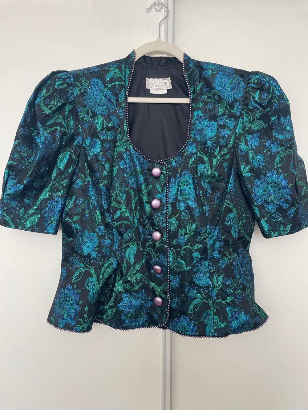 Vintage 80s Teal Floral Brocade Puff Sleeve Button Top